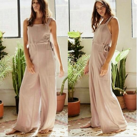 FREE PEOPLE MOVEMENT Taupe Cinch Waist Wide Leg Comfy Sleeveless Jumpsuit XS - Picture 2 of 11